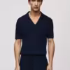 Mango Cotton Ribbed Knit V-Neck Polo Shirt- Navy