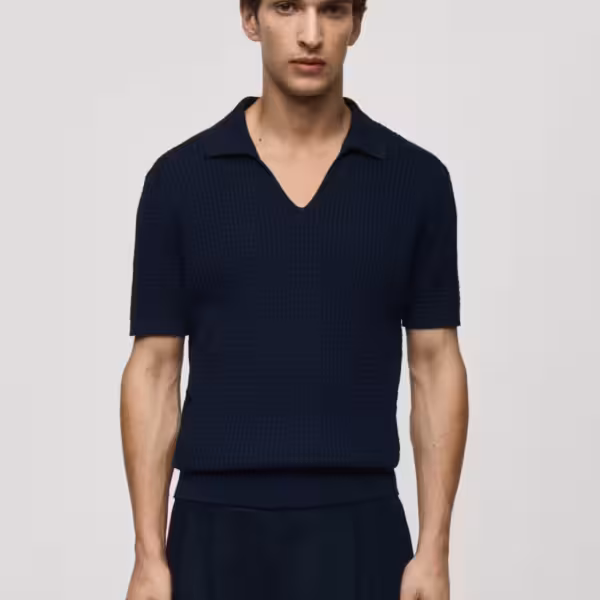Mango Cotton Ribbed Knit V-Neck Polo Shirt- Navy