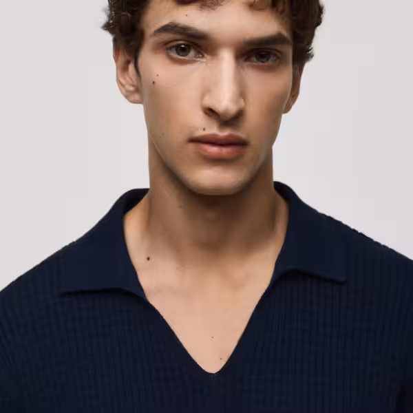 Alternative view of Mango Cotton Ribbed Knit V-Neck Polo Shirt- Navy