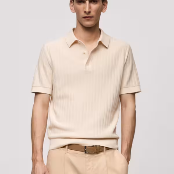 Mango Cotton Micro-Structure Knitted Polo Shirt - Off White
