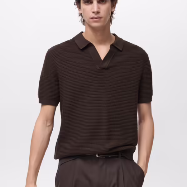 Mango Cotton knitted Structure V-Neck Polo #10- Chocolate