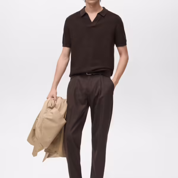 Alternative view of Mango Cotton knitted Structure V-Neck Polo #10- Chocolate