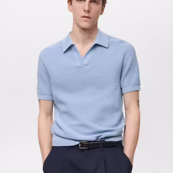 Mango Cotton knitted Structure V-Neck Polo #10- Sky Blue
