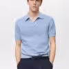 Mango Cotton knitted Structure V-Neck Polo #10- Sky Blue