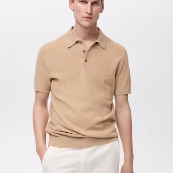 Mango Knitted Structure Cotton Polo Shirt #12 - Light Khaki