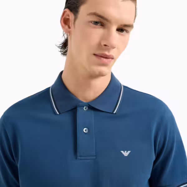 EMPORIO ARMANI Slim-fit stretch Pique Polo With Micro Eagle - Blue