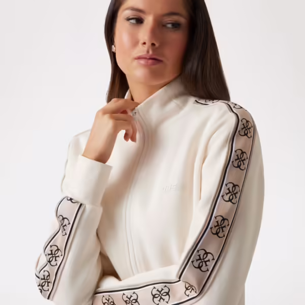 Guess Interlock Side Logo Tape Zip Up Track Top - Cream