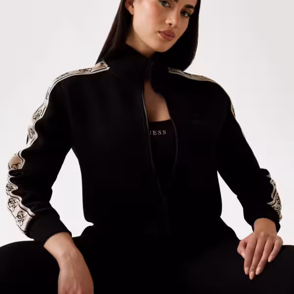 Guess Interlock Side Logo Tape Zip Up Track Top - Black